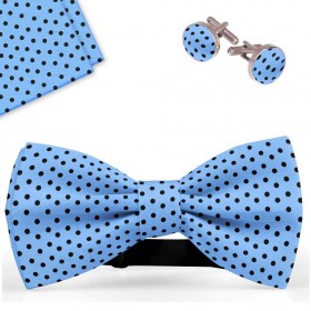 Set papion barbati, batista, butoni, bleu, buline negre
